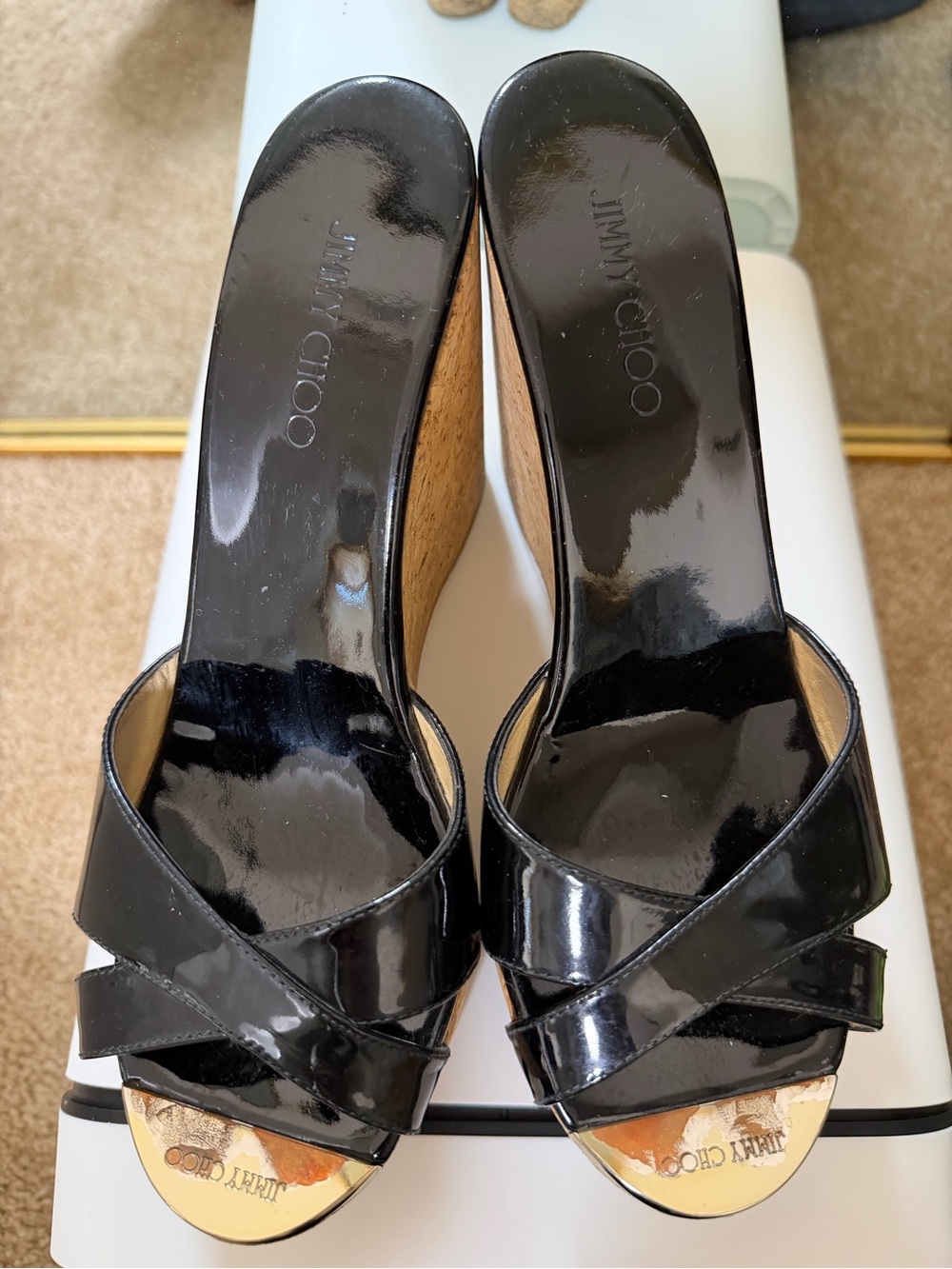Jimmy Choo Black Patent Leather Cork Wedge Mules